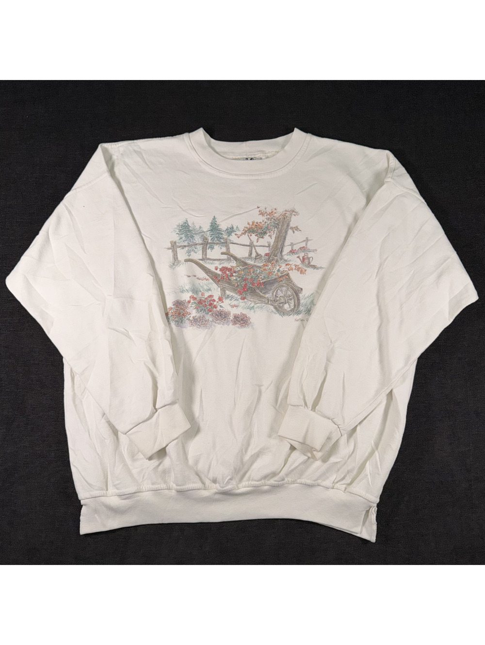 Northern Reflections XL White Crewneck Sweatshirt with Garden Wheelbarrow Design